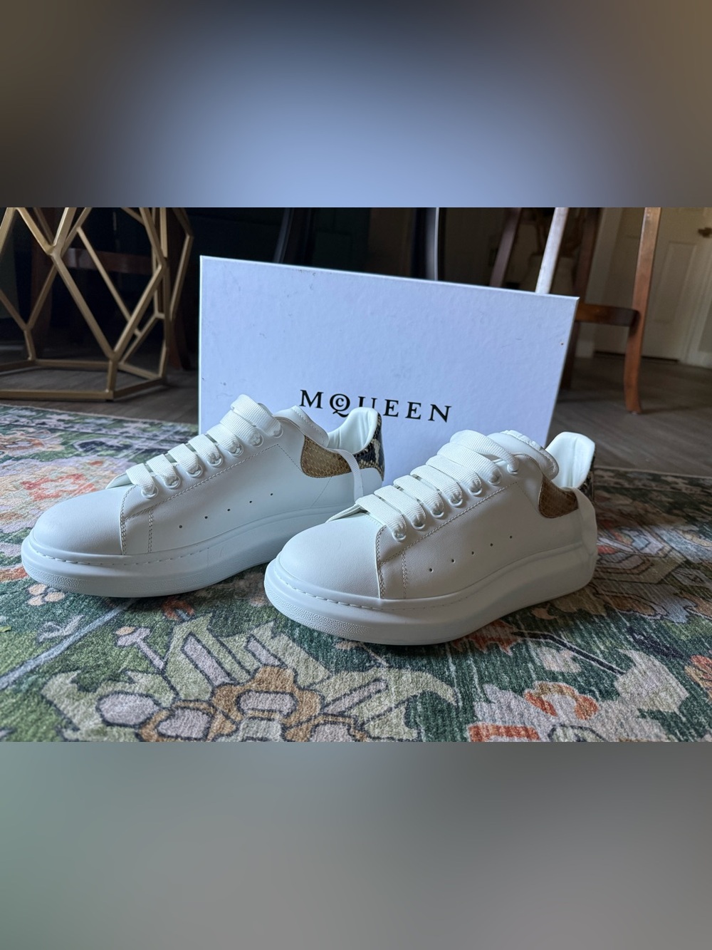 Alexander McQueen White Leather Sneakers with Snake-Print Heel